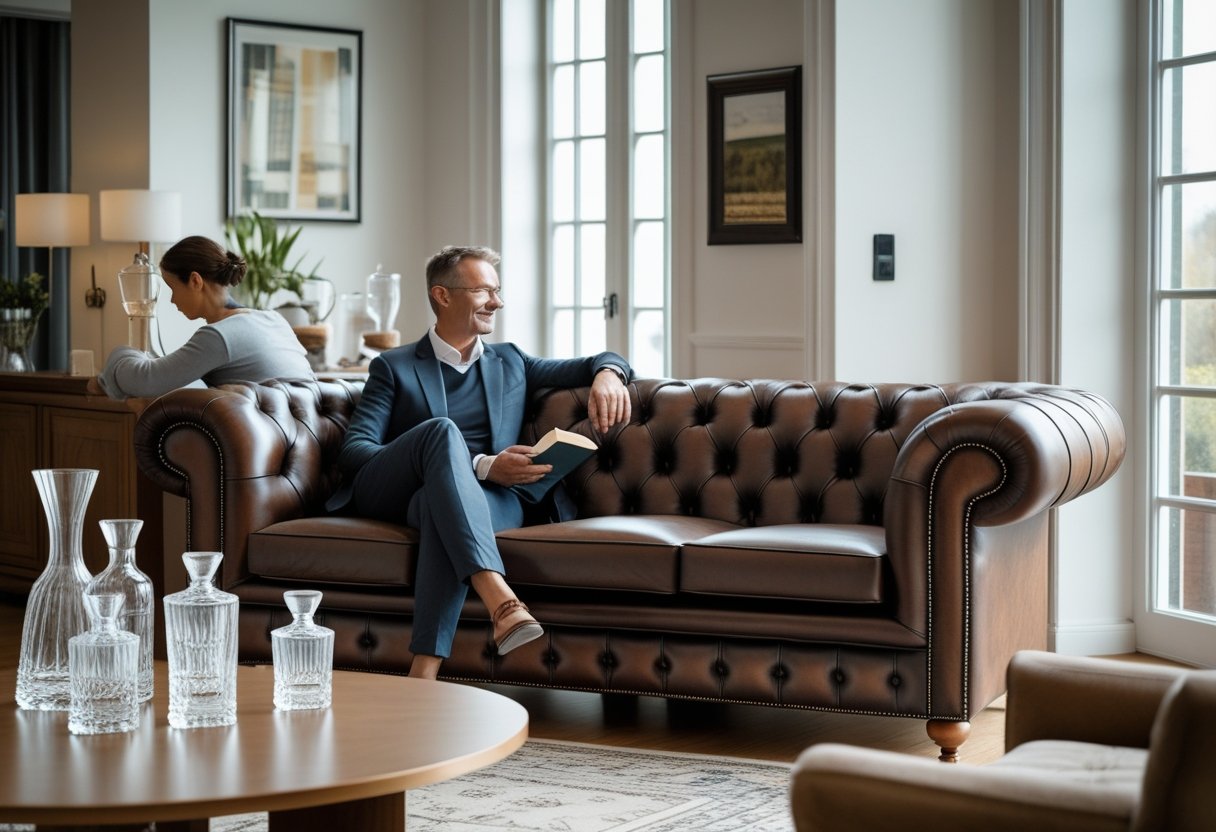 Saadan skaber du en stilfuld stue med en chesterfield sofa i hoej kvalitet og elegante glaskander